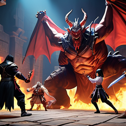 **

A group of Dungeon & Fighter Online characters of various classes (Elementalist, Crusader, Demon Slayer) battling a giant raid boss. The scene should be filled with action, skill effects, and a sense of teamwork and cooperation. Focus on the dynamic poses of the characters and the intimidating presence of the boss.

**