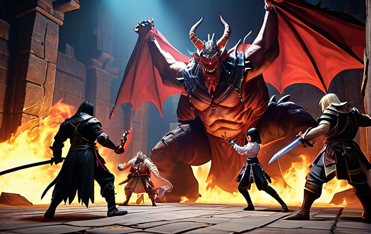 **

A group of Dungeon & Fighter Online characters of various classes (Elementalist, Crusader, Demon Slayer) battling a giant raid boss. The scene should be filled with action, skill effects, and a sense of teamwork and cooperation. Focus on the dynamic poses of the characters and the intimidating presence of the boss.

**