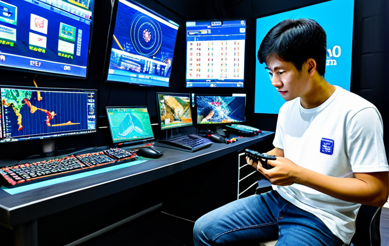DNF Equipment Expert**
A professional DNF player meticulously examining equipment at a bright, modern gaming station in Bangkok, Thailand. They are surrounded by glowing screens displaying DNF game data and equipment stats. The player is fully clothed in comfortable but stylish gaming attire – perhaps a DNF-themed T-shirt and comfortable jeans. The scene is brightly lit, with focus on the equipment details and the player's focused expression. Add details such as a lucky Thai amulet on the desk. Perfect anatomy, correct proportions, well-formed hands, proper finger count. Safe for work, appropriate content, professional, fully clothed, modest.
**
